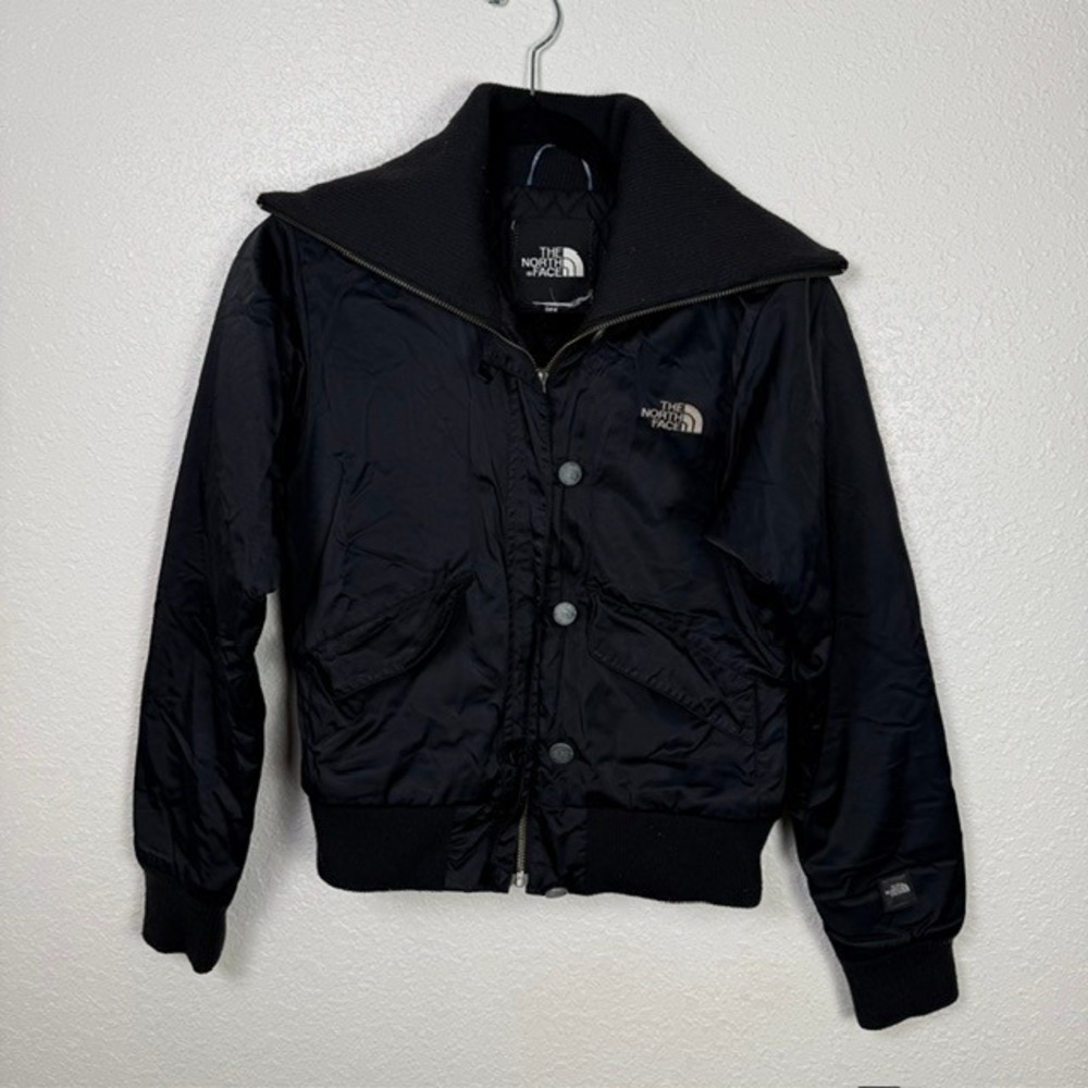 The North Face Vintage Satin Bomber Jacket Rib Knit Collar Black Small - Picture 2 of 15